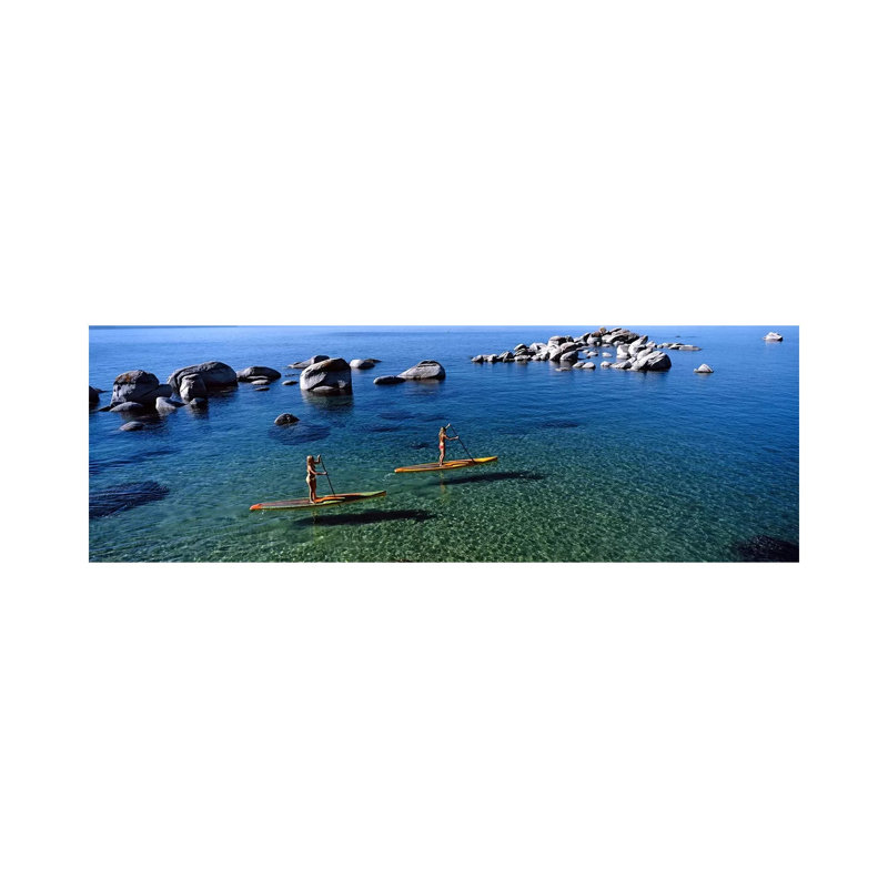 Two Women Paddle Boarding In A Lake, Lake Tahoe, California, USA - Wrapped Canvas Panoramic Print