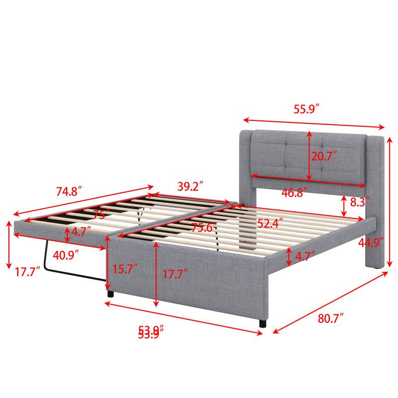 Lit plateforme double avec lit gigogne escamotable double, Gris