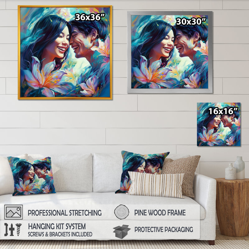 «Beautiful Asian Couple In Love IV», peinture sur toile, H 16 po x l 16 po x P 1 po, Encadrement doré