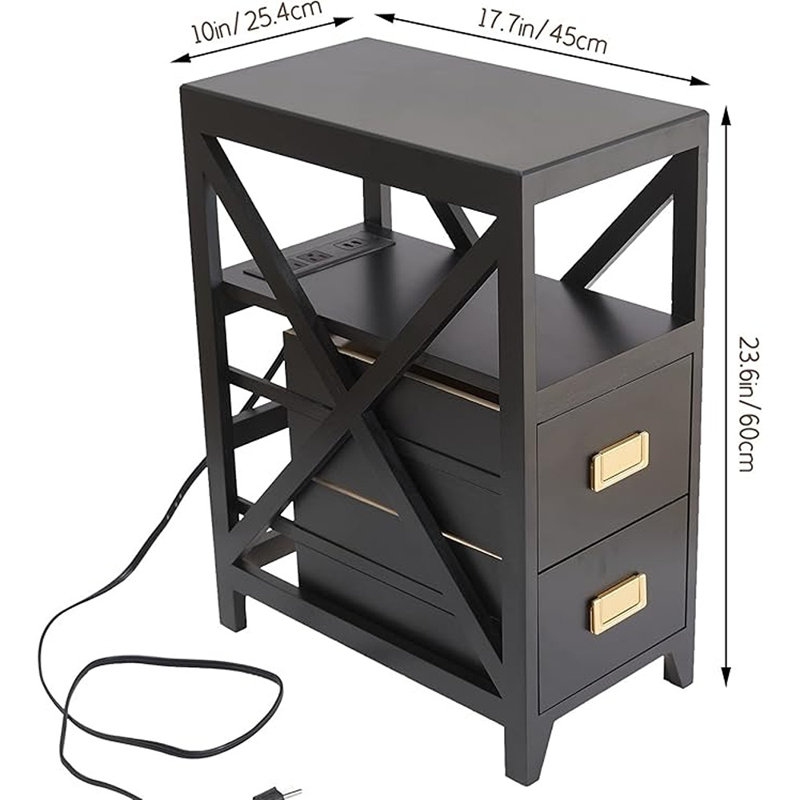 Black Narrow Side Table with USB Ports and Brass Handles