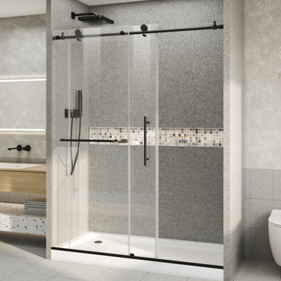 56-60" W x 76" H Frameless Sliding Shower Door with 1/4" Tempered Glasswith Nano-Coarind,Reversible installation and stainless steel door handle, matte black