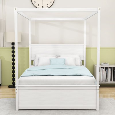 Full-Size Wooden Canopy Bed with Twin Trundle and Headboard
