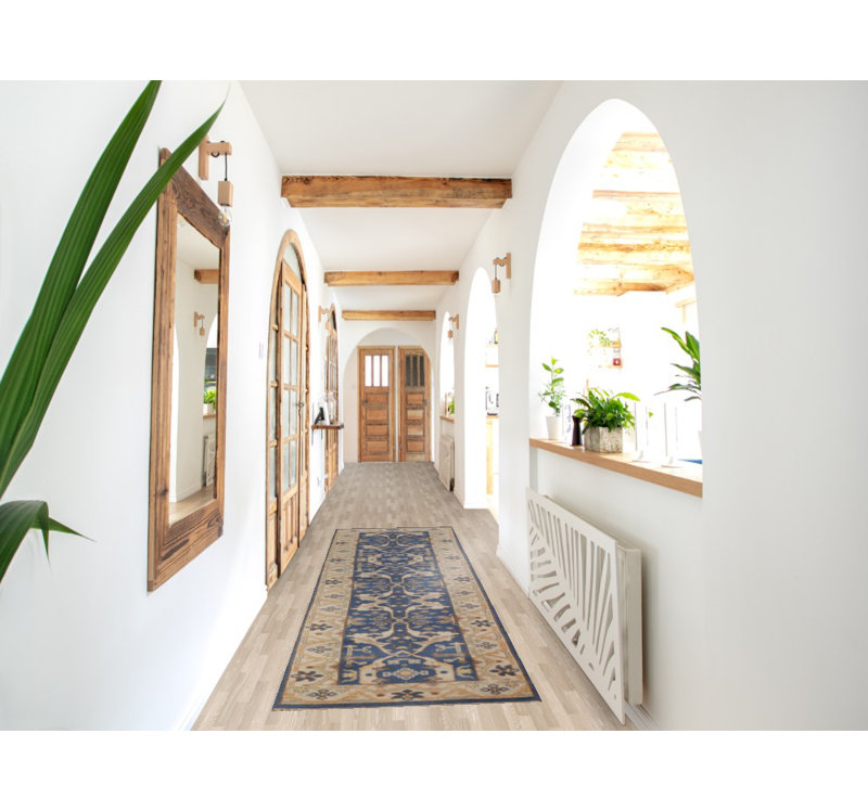 Tapis de couloir oriental bleu fait à la main Oushak 3 x 10
