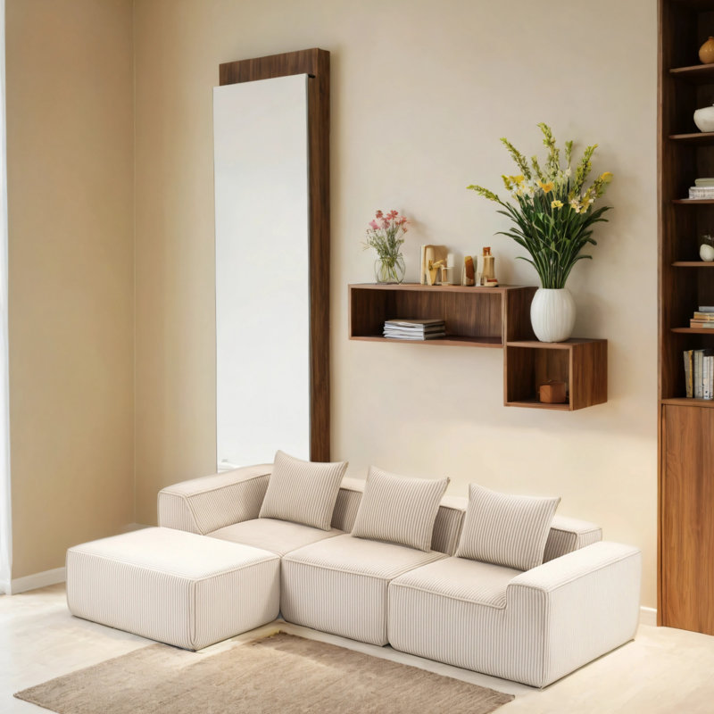 Canapé modulaire en velours avec repose-pieds, Beige