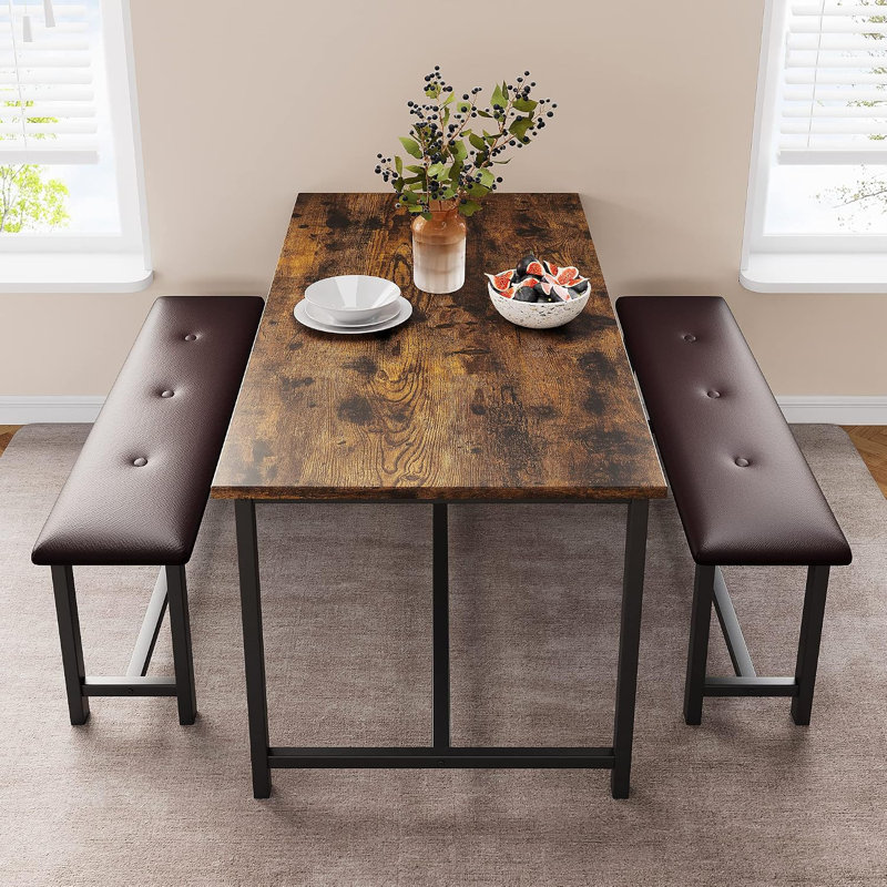 Ensemble table et chaises de salle à manger rectangulaires de style industriel de 44 pouces pour 4 personnes avec 2 bancs rembourrés