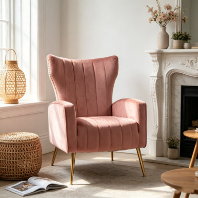 Fauteuil à oreilles en velours mauve avec pieds en métal, fauteuil rembourré moderne à haut dossier, fauteuil d'appoint élégant pour petits espaces de salon
