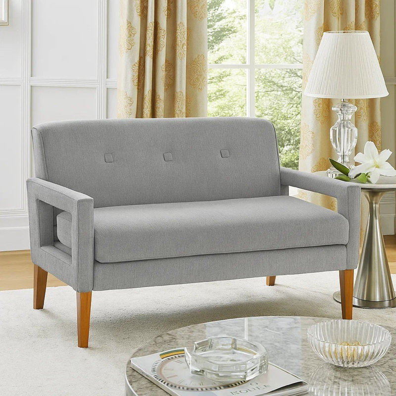 Causeuse Bei, coussin en chenille gris, bois massif brun noyer, 55 po, Gris