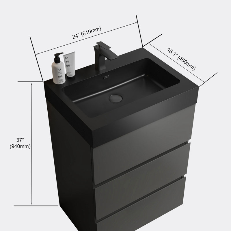 Meuble-lavabo autoportant avec grand lavabo et rangement, Gris, Noir