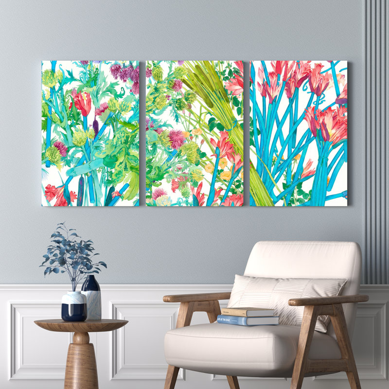 Ensemble de 3 tableaux abstraits sur toile tendue, représentant un jardin floral, pour la décoration du salon et de la chambre.