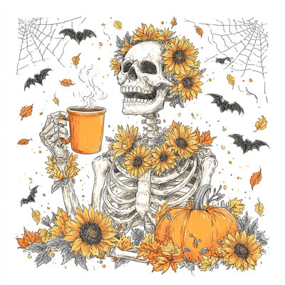 Skeleton with Sunflowers and Coffee Wrapped Canvas Wall Art