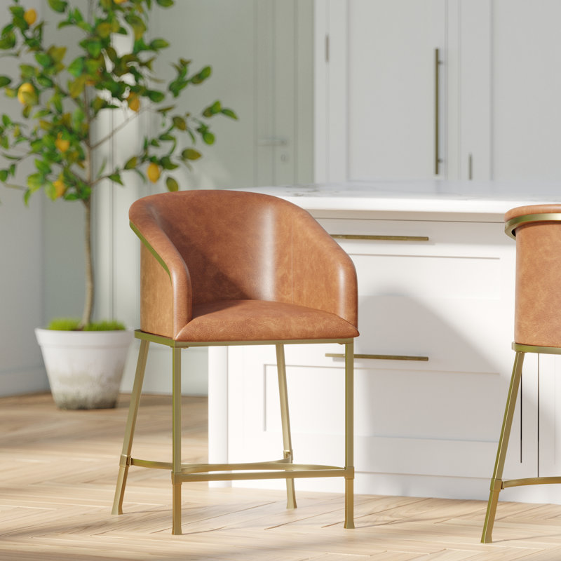 Hampton 26in. Modern Counter Stool,  Tobacco Brown Faux Leather & Gold Steel Frame, Counter Stool (26" Seat Height), Brown