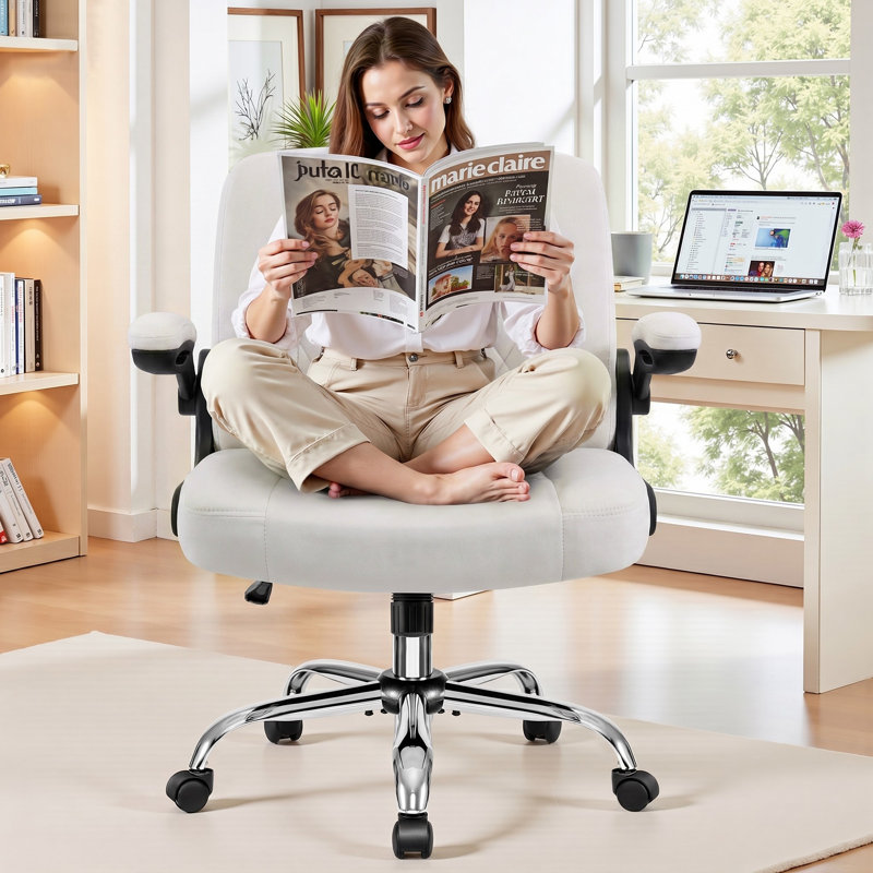 Criss Cross Ergonomic PU Leather Office Chair with Flip up Backrest and Armrests, Velvet White