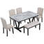 Table de salle à manger de style moderne 6 pièces avec 4 chaises et 1 banc, table avec placages marbrés et pieds en V