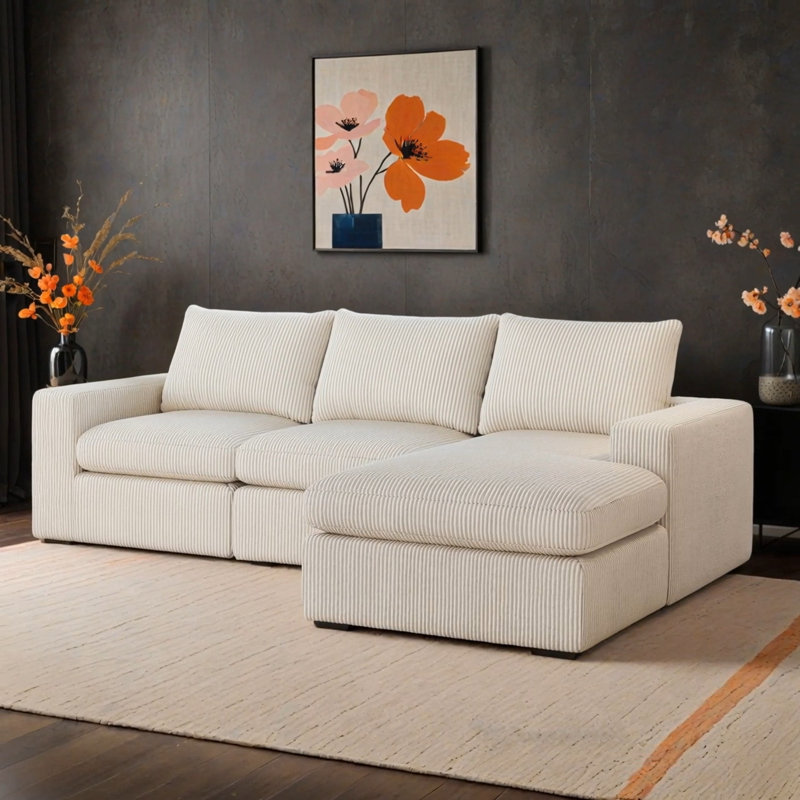 Canapé modulaire en L Boneless en forme de L avec méridienne et trois coussins Boneless, Velours côtelé beige