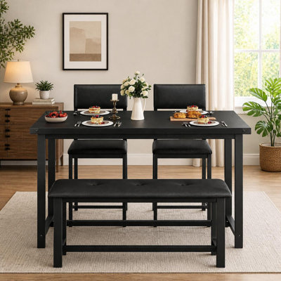 Small Space Wooden Dining Table Set for 4, Kitchen Table and 2 Upholstered Chairs w/Bench, Rectangular Dining Room Set