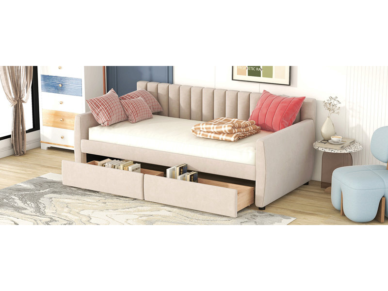 Lohrman Upholstered Daybed,Platform Bed with Drawers, Beige, Twin