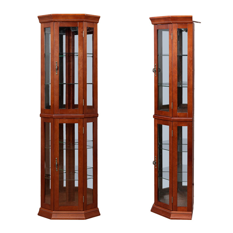Glass Display Shelf With Tempered Glass Doors, Walnut, 69.49” H x 15.35” W x 15.35” D, Yes