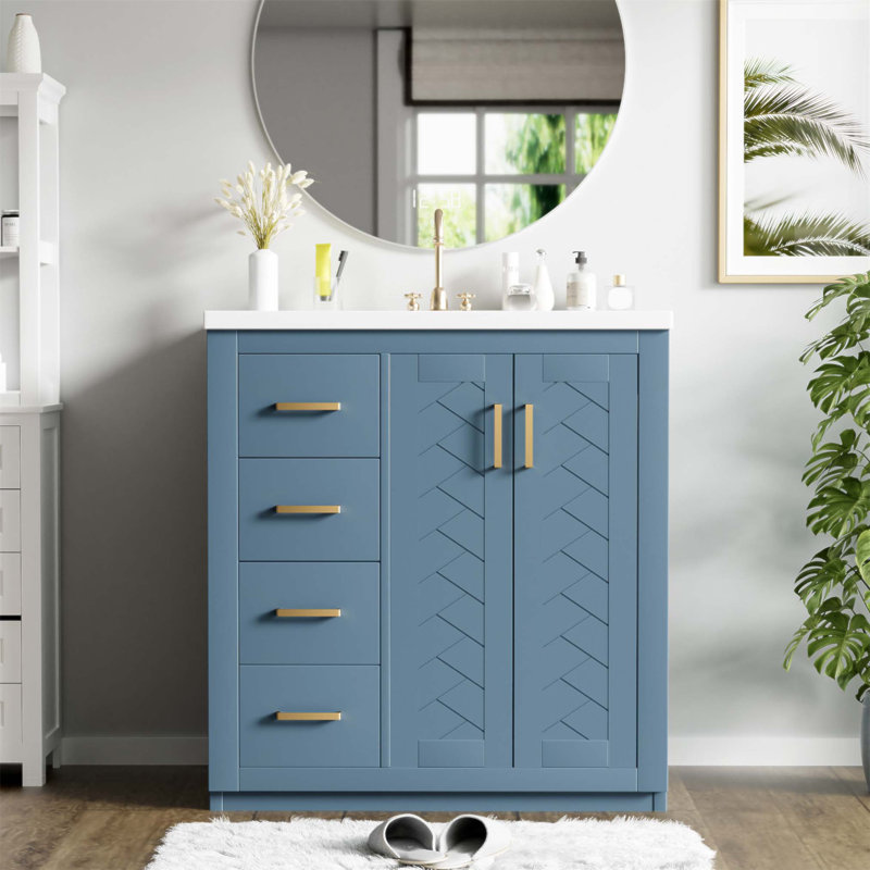 Meuble-lavabo de 30 po avec lavabo en céramique, structure en bois massif, 3 tiroirs et portes à fermeture douce pour les salles de bain modernes
