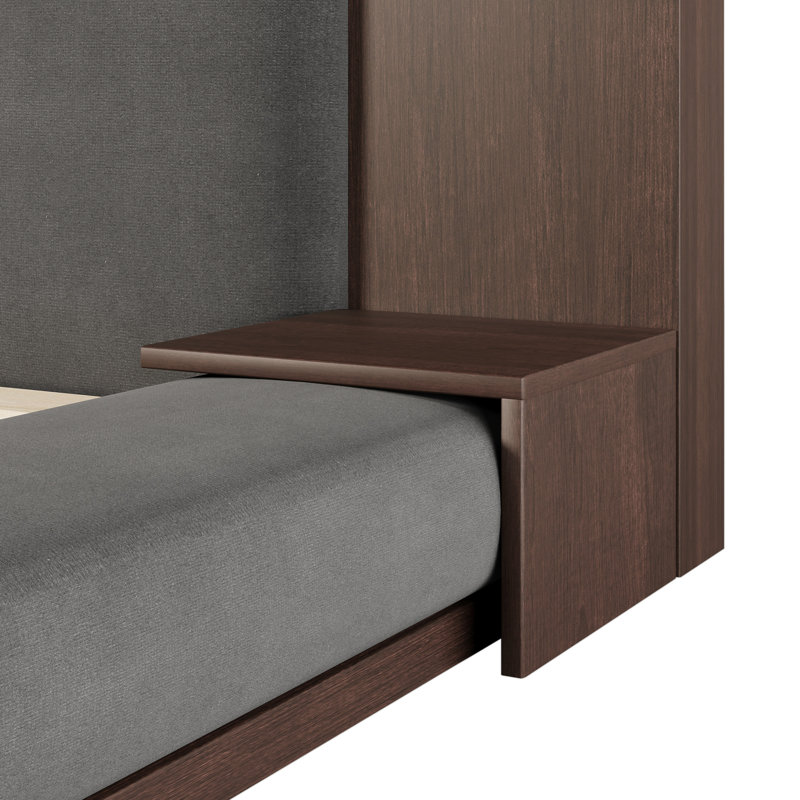 Floor Upholstered Platform Bed With Extended Wood Headboard & Bedside Shelf, Queen