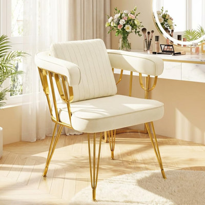 Fauteuil de maquillage rembourré en velours de 20,9 pi de largeur avec dossier et pieds dorés