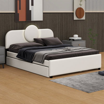 Upholstered Platform Bed with Multi-functional Headboard, Trundle and 2 Drawers