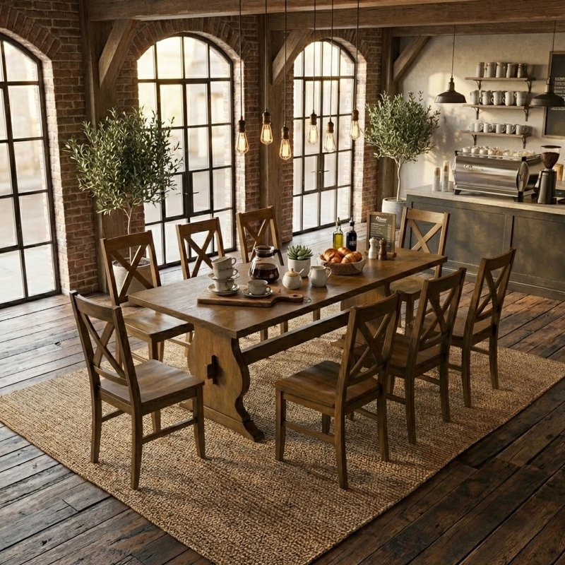 Almeda Traditional 70.8" Rectangular Dining Table Set, 9 Pieces: Table, 8 Chairs, Brown