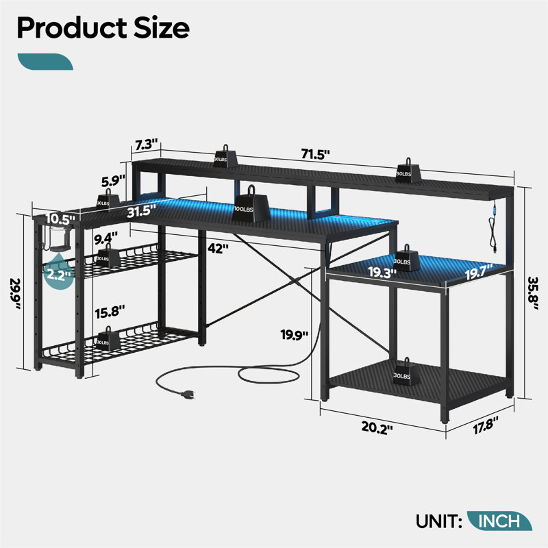 Minaya 71.5" W LED Gaming Desk with Power Outlet, L-Shaped Computer Desk with Monitor Stand, Black