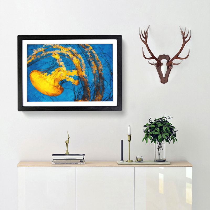 Yellow Jellyfish - Picture Frame Painting Print, Black Framed, 62cm H x 87cm W x 2cm D