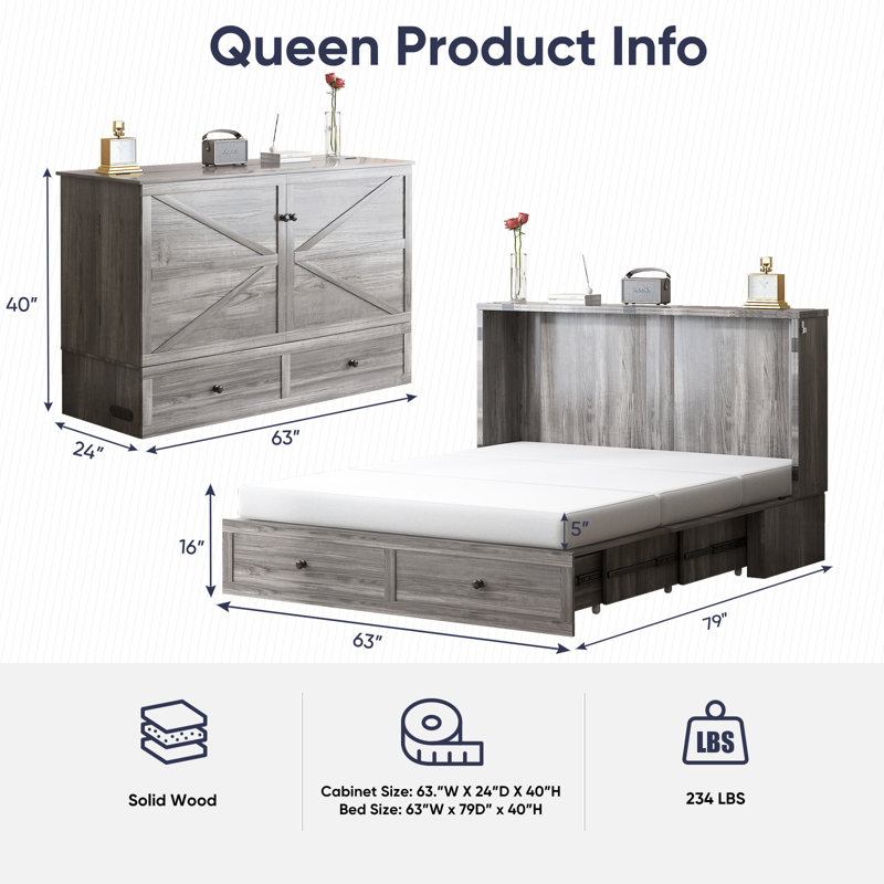 Queen Size Murphy Bed Cabinet with USB Charging & Drawer, Grey, Queen