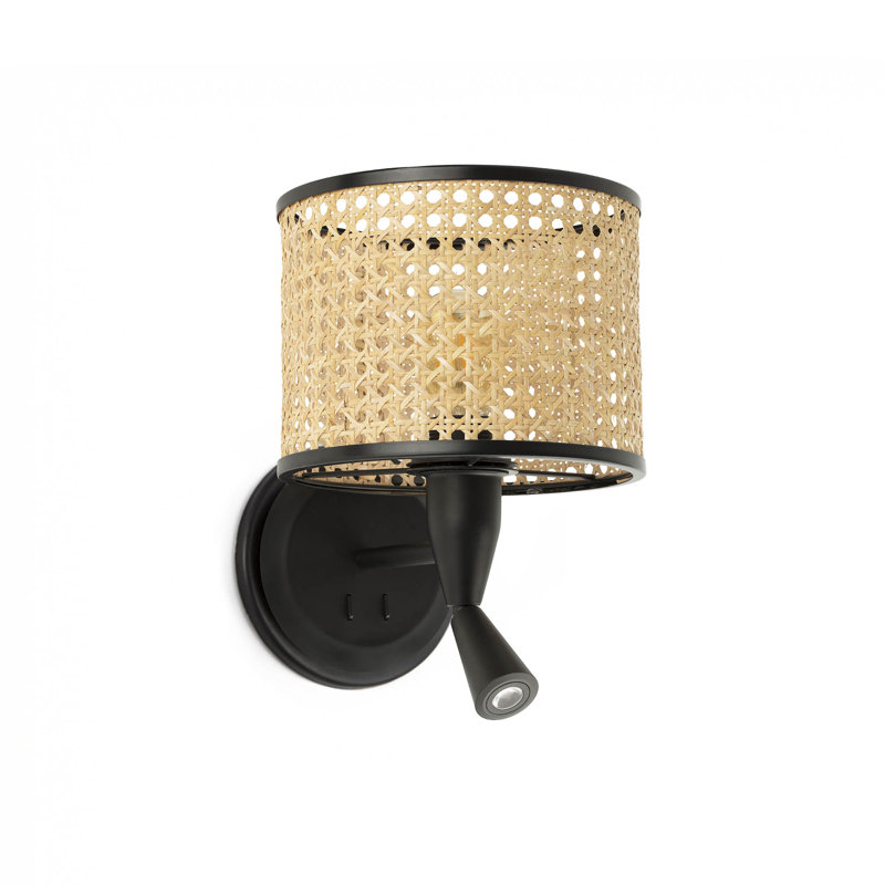 Faro Barcelona 64309-47-US - MAMBO Black/rattan wall lamp with reader