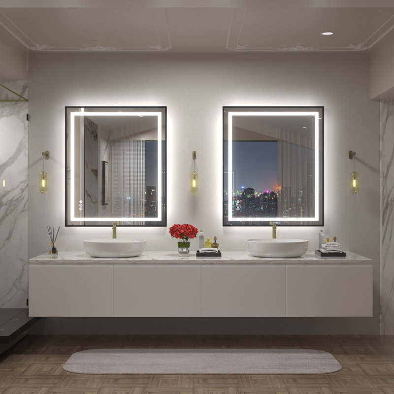 Miroir de salle de bain / meuble-lavabo à cadre en verre trempé à DEL certifié anti-buée Wayfair Basics®, 36 po x 30 po