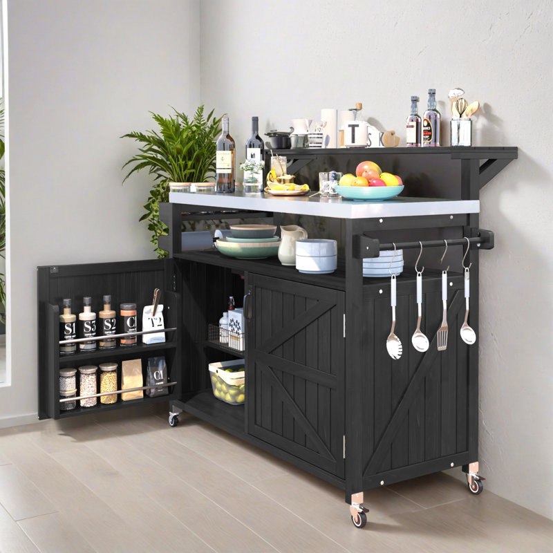 53.32" Outdoor Kitchen Island with Raised Shelf, Storage Cabinet with Stainless Steel Top, Outdoor Rolling Grill Cart with Internal Storage Rack