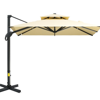 Parasol suspendu en porte-à-faux décalé 10 pi, carré, base croisée en aluminium, inclinable et rotation à 360 degrés, beige sans base
