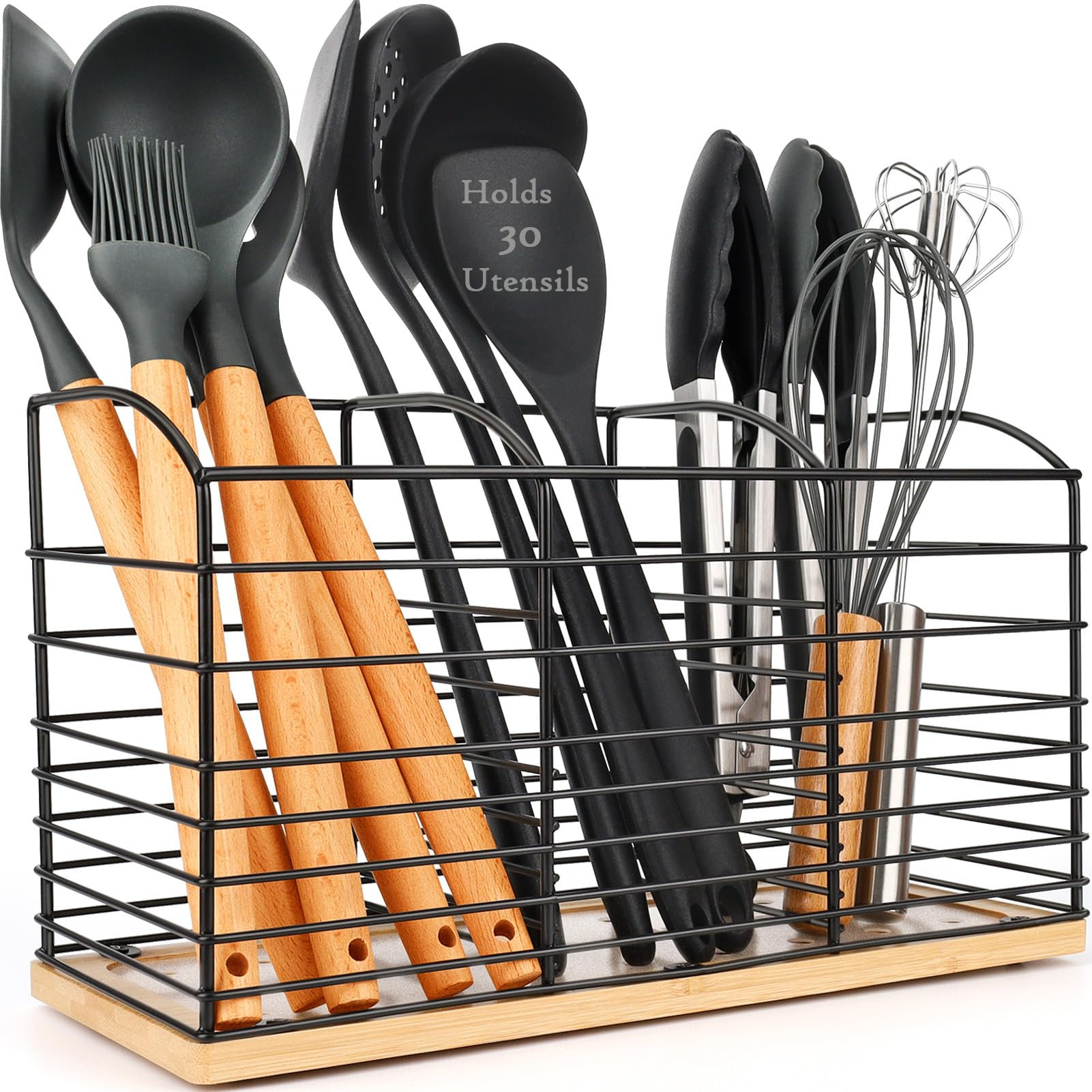 SDwfxd Porte-Ustensiles De Cuisine En Bois Véritable 3 Compartiments – Style Ferme Noir Avec Tapis Drainage