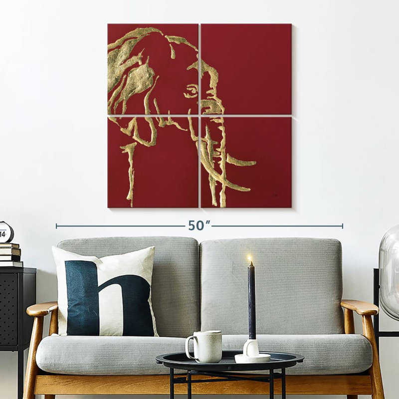 Éléphant doré Brampt sur fond rouge, H 32 po x l 32 po