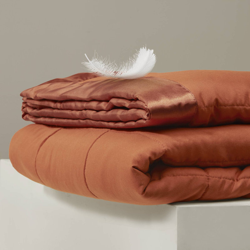 Lightweight Down Alternative Blanket with Satin Trim for Warm Weather Comfort, Orange, Queen