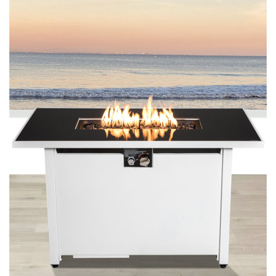 Table de foyer d'extérieur en acier inoxydable, 50000, temps, blanc avec allumage et table de foyer en acier avec réservoir, sortie, résistant à la chaleur, rouille, porte