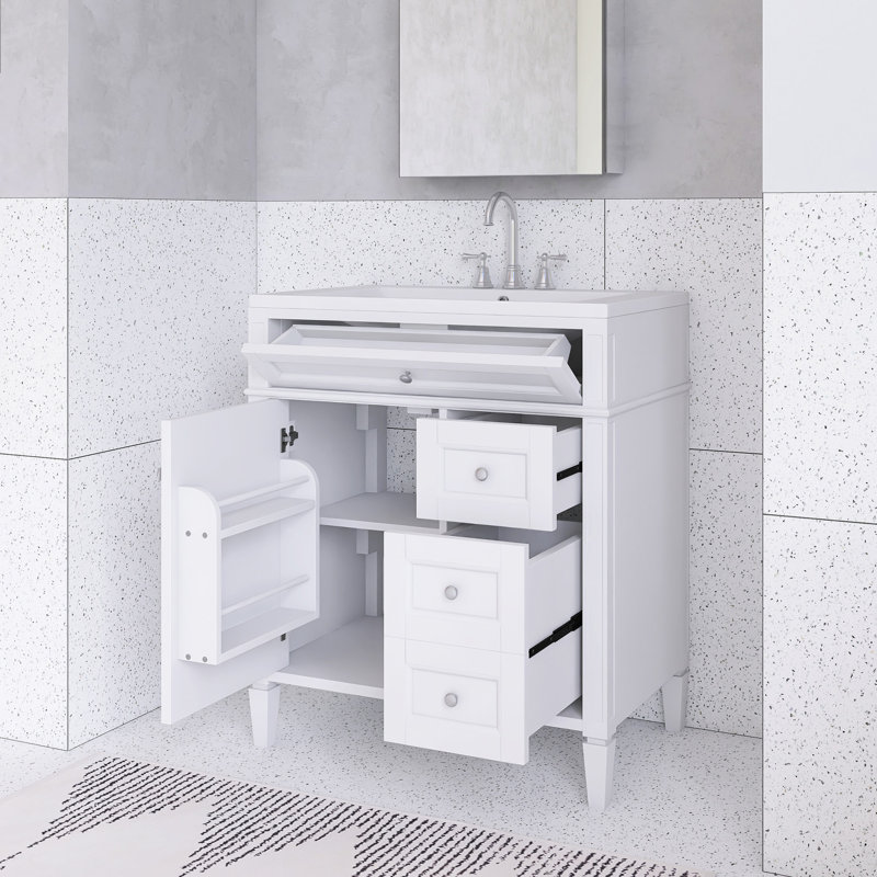 Meuble-lavabo 30 po avec lavabo supérieur, 2 tiroirs et un tiroir basculant, Argent, Bleu