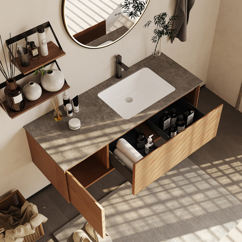 48" Modern Bathroom Single Vanity with Ceramic Sink, Storage Cabinet with True Drawers, and Included Drain – Multi-Layer Solid Wood, Cinnamon Walnut Cabinet, Grey Stone Top Vanities