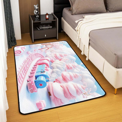 Pink And Blue Train 2'X3' Area Rug, Sweet Candy Themed Living Room Rugs Non Slip