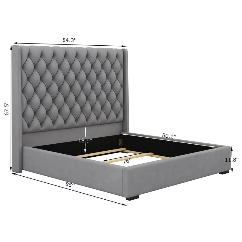 Upholstered Bed Frame With 67.5" Tall Headboard Wingback Platform Bed Tufted Deep Button Velvet, King