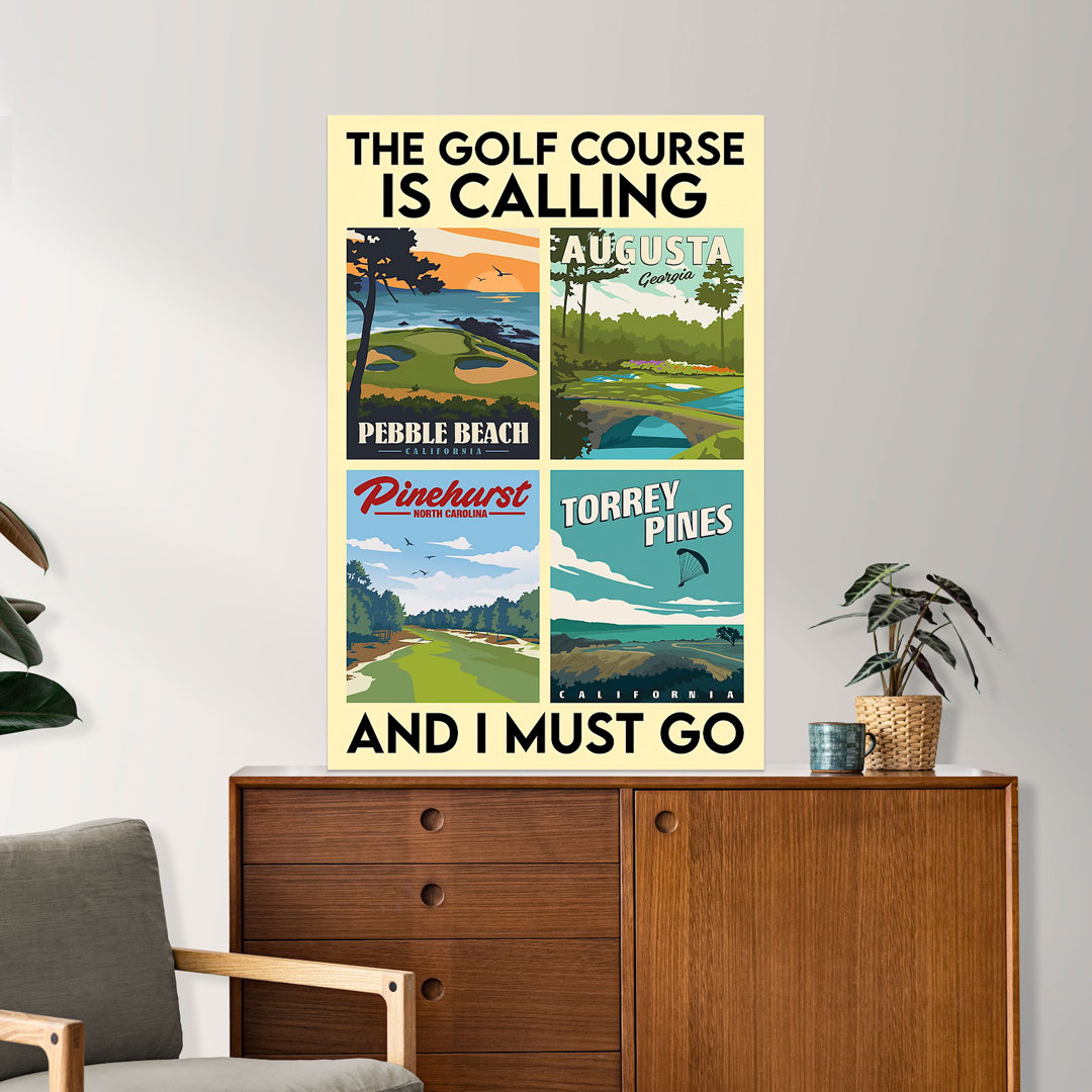 Four Pictures Of Golf Course - The Golf Course Is Calling - 1 Piece Rectangle Graphic Art Print On Wrapped Canvas Trinx 