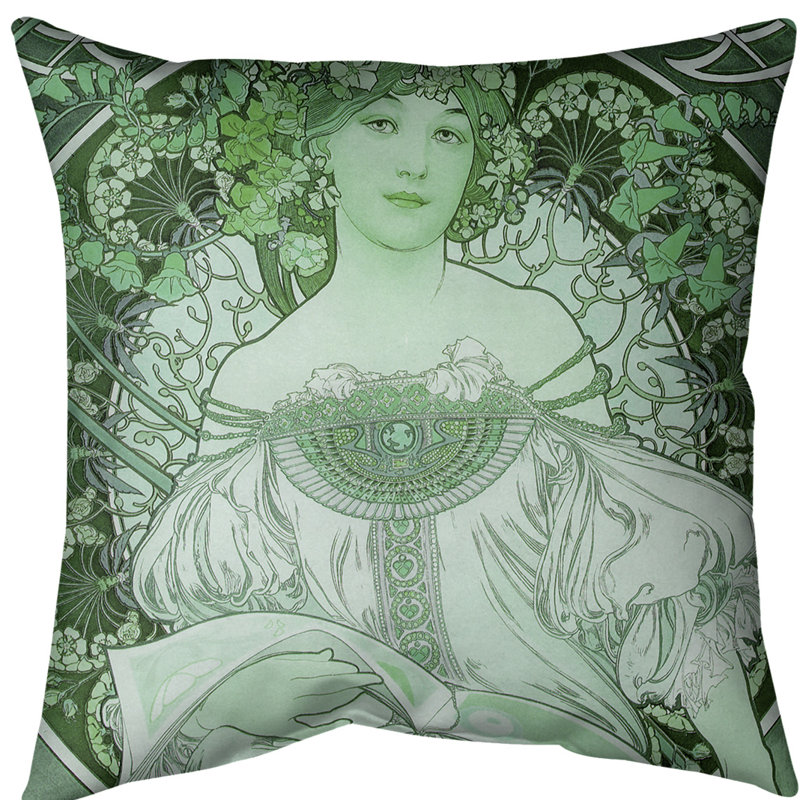 Coussin décoratif de lecture de lady alphonse mucha, 20 po x 20 po, Vert, Polyester filé