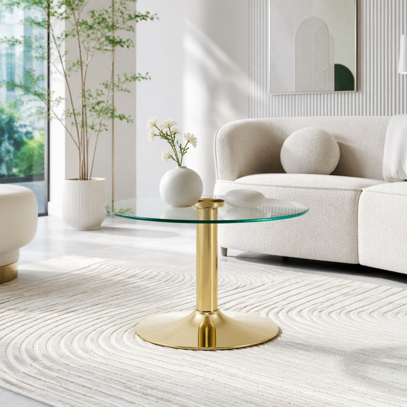 Table basse ronde en verre trempé de diamètre, Gold,Transparent