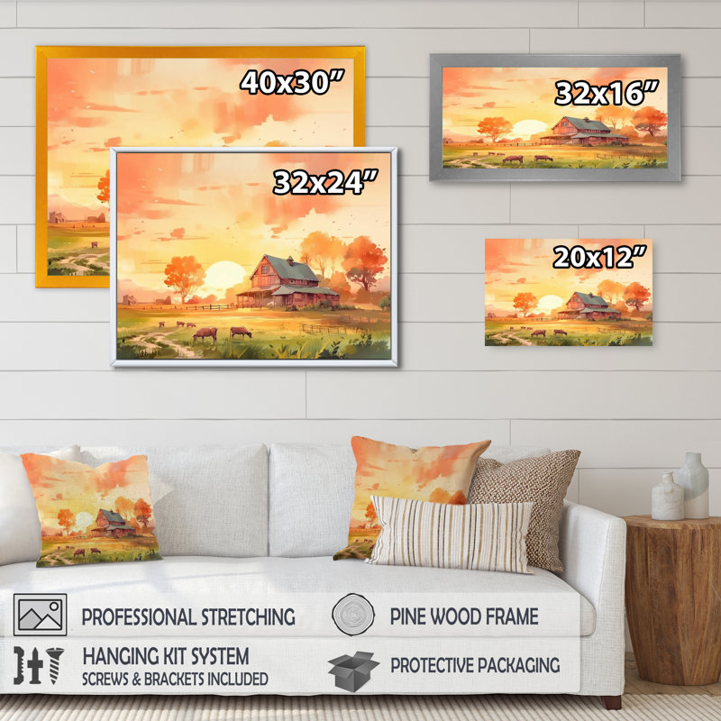 «Burning Sky At Sunset Farmhouse I», impressions sur toile, H 12 po x l 20 po, Toile tendue