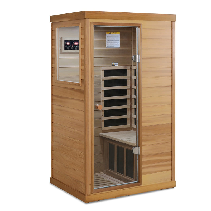 Red Cedar Mini One Person Far Infrared Glass Door On The Left Of The Indoor Sauna Room, Natural Wood/Caramel