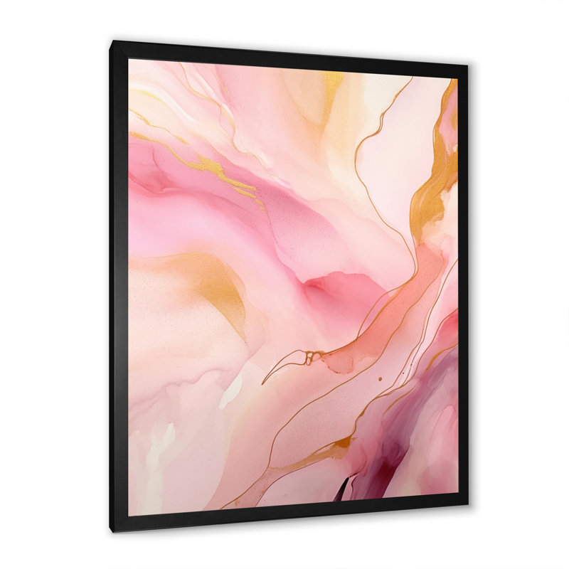 «Pink and Gold Enchanted Spills VI», reproduction sur toile abstraite, H 32 po x l 24 po x P 1 po, Cadre simple noir