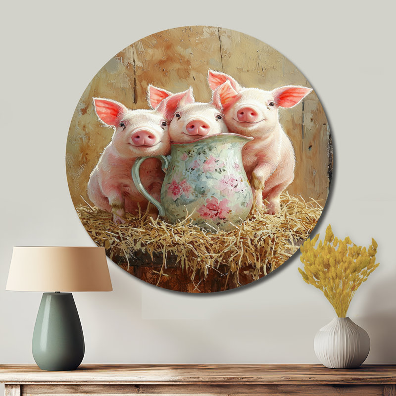 Portrait de lait et de cochons à la grange I - impression murale moderne en métal rose, H 36 po x l 36 po