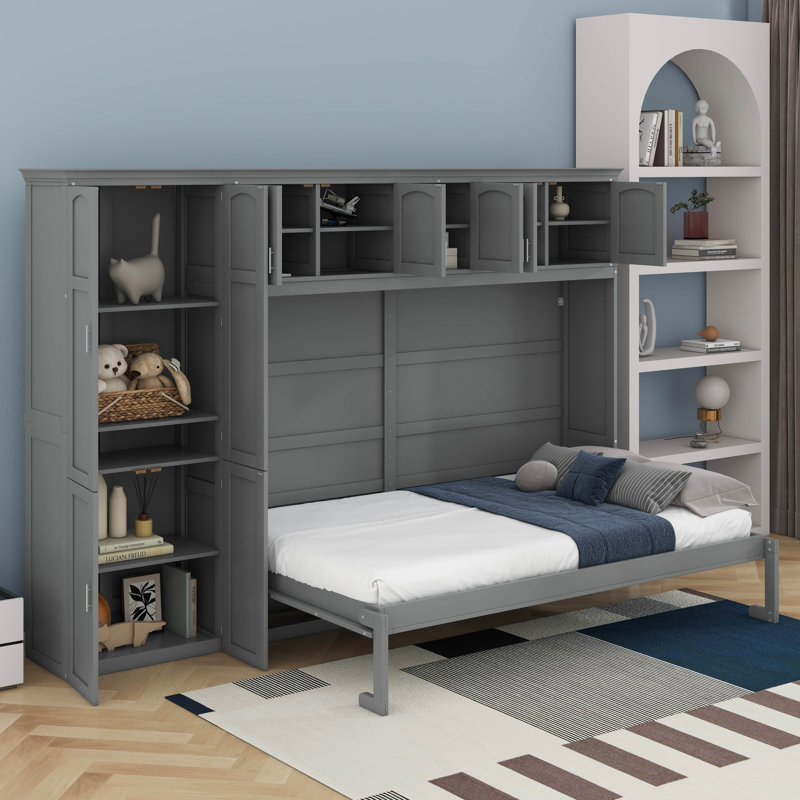 Grand lit escamotable mural avec armoires, gris