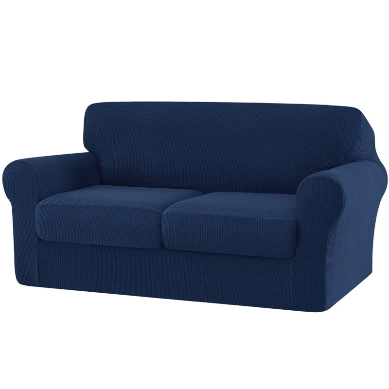 3 Piece Stretch Jacquard Couch Cover, Sofa Slipcover for 2 Cushion Couch, Machine Washable Furniture Protector(Loveseat, Navy)